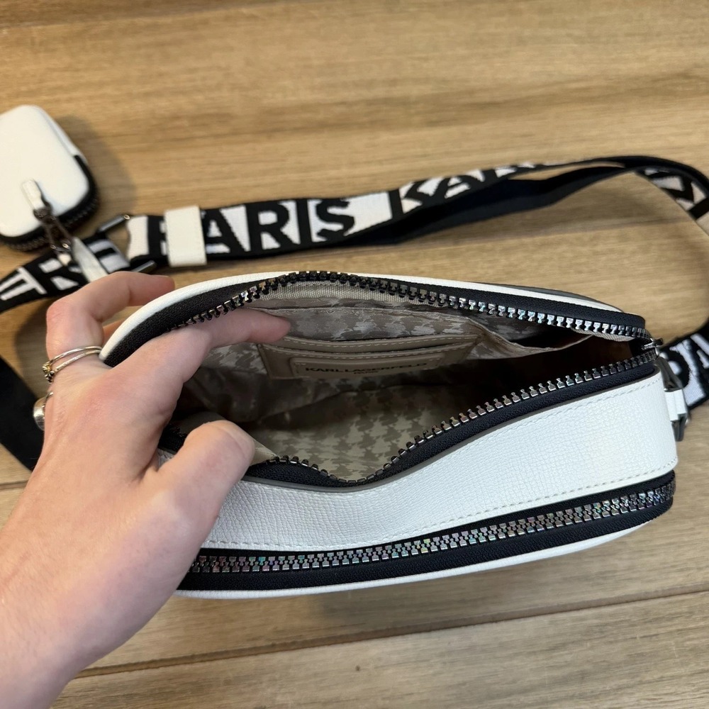 Karl Lagerfeld Maybelle Double Zip White Iridescent Crossbody Camera Bag Pouch - Picture 13 of 16